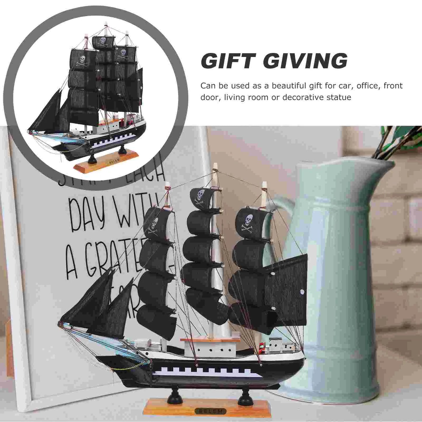 33cm Wooden Pirate Ship Model Pirate Ship Model Sailboat Statue Home Decor Figurines Miniatures Car Office Bedroom Table Gift