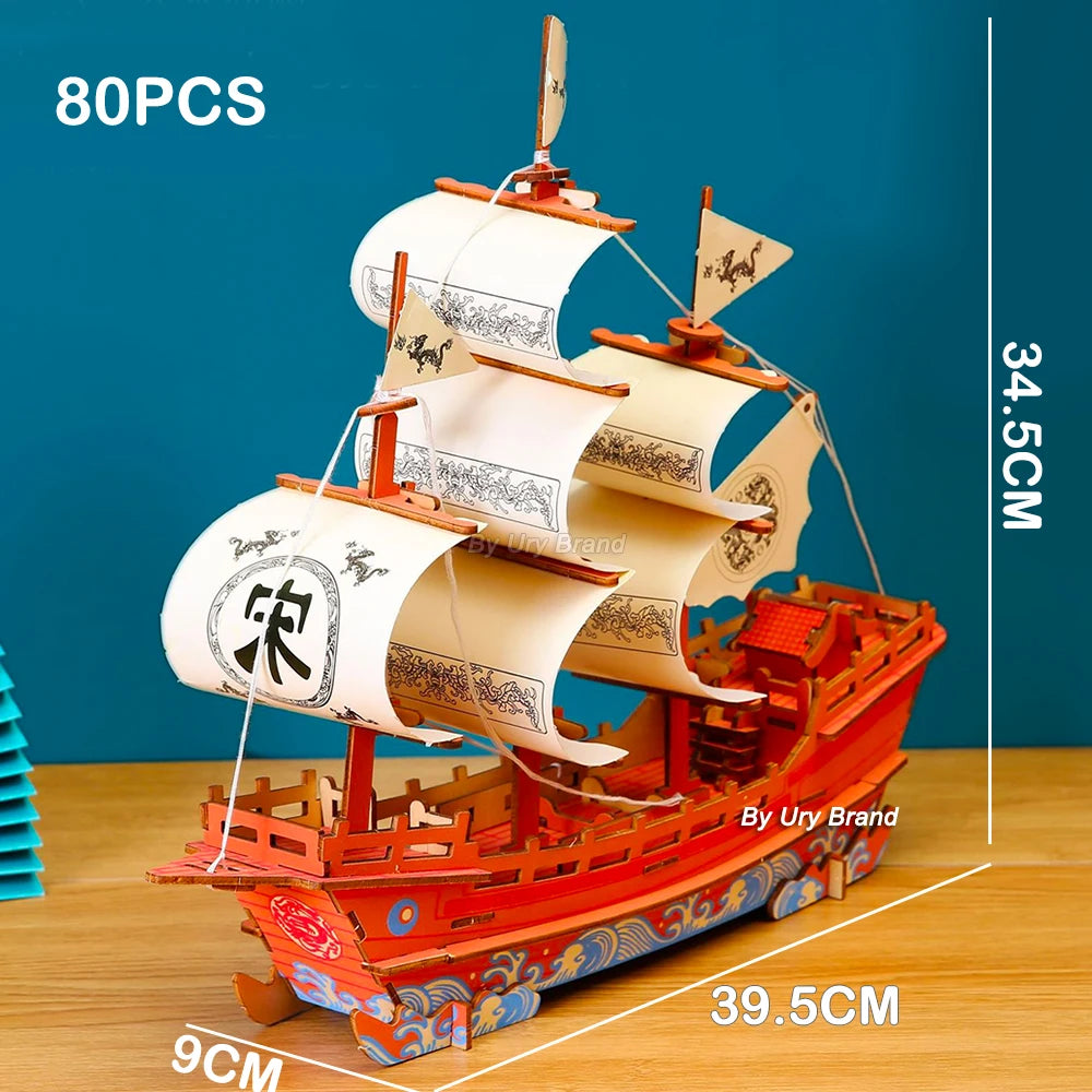 3D Wooden Puzzle Vintage Sailing Boat Sailboat Pirate Ship Model Royal Queen Kit DIY Decoration Toys for Adult Kids