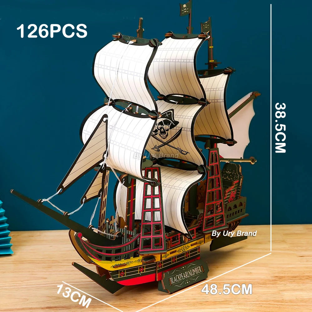 3D Wooden Puzzle Vintage Sailing Boat Sailboat Pirate Ship Model Royal Queen Kit DIY Decoration Toys for Adult Kids